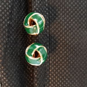 Vintage Monet Gold & Green Enamel Ribbon Earrings for Pierced Ears